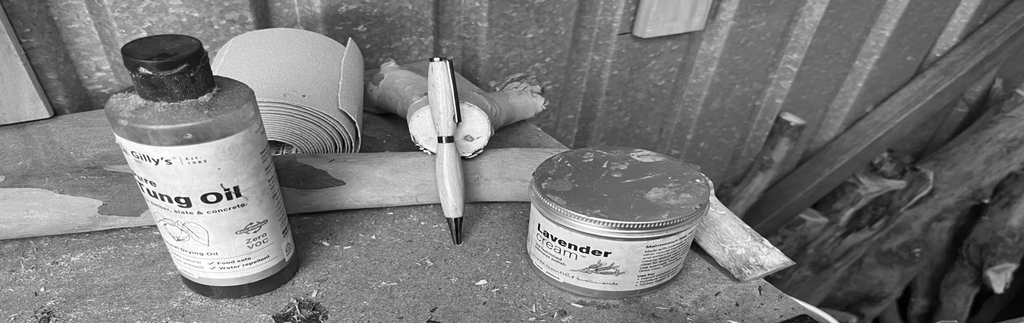 Photo of a London Plane Wooden Pen, laverder Cream wax and Tung Oil.
